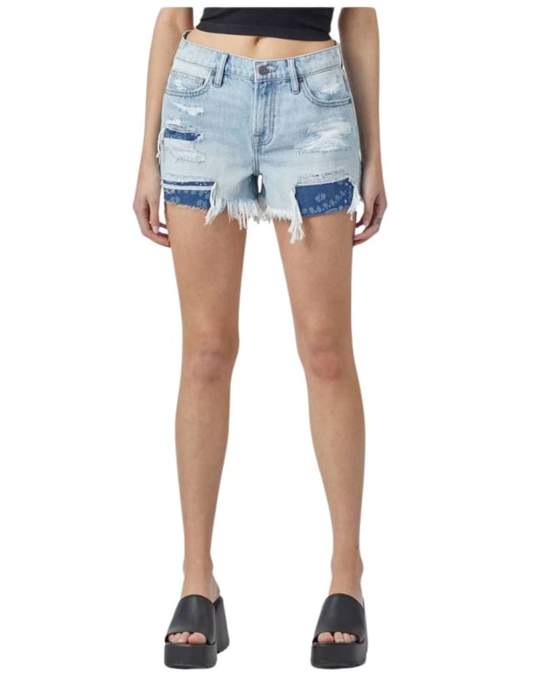 Front of a model wearing a size Large Kenzie Bandana Print Distressed Shorts In Light Wash in Light Wash by HIDDEN. | dia_product_style_image_id:360321
